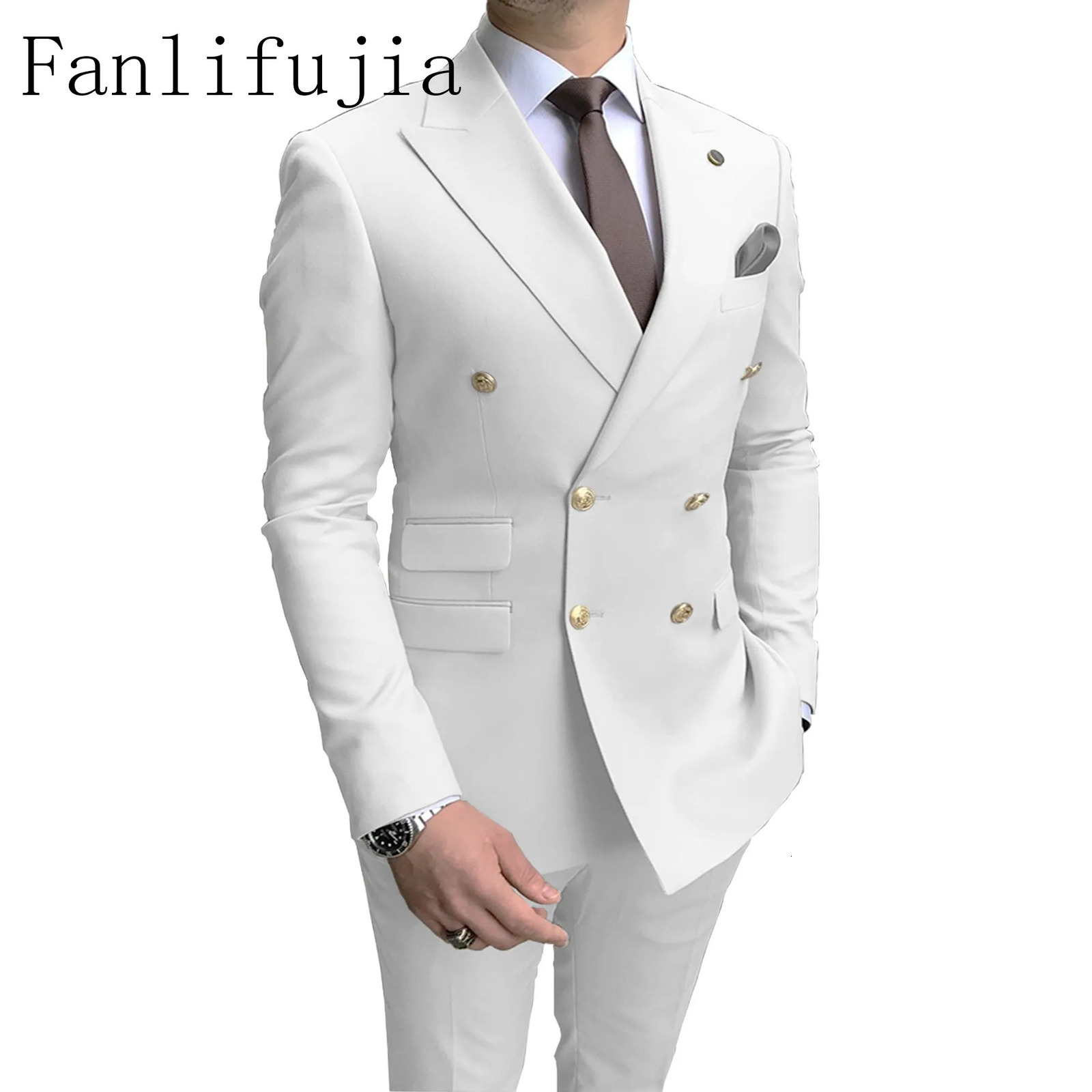 Fanlifujia Store Navy Men Party Tuxedos 2 Pieces Latest Lapel Suits Gold Buttons Fashion Style Double Breasted 240430