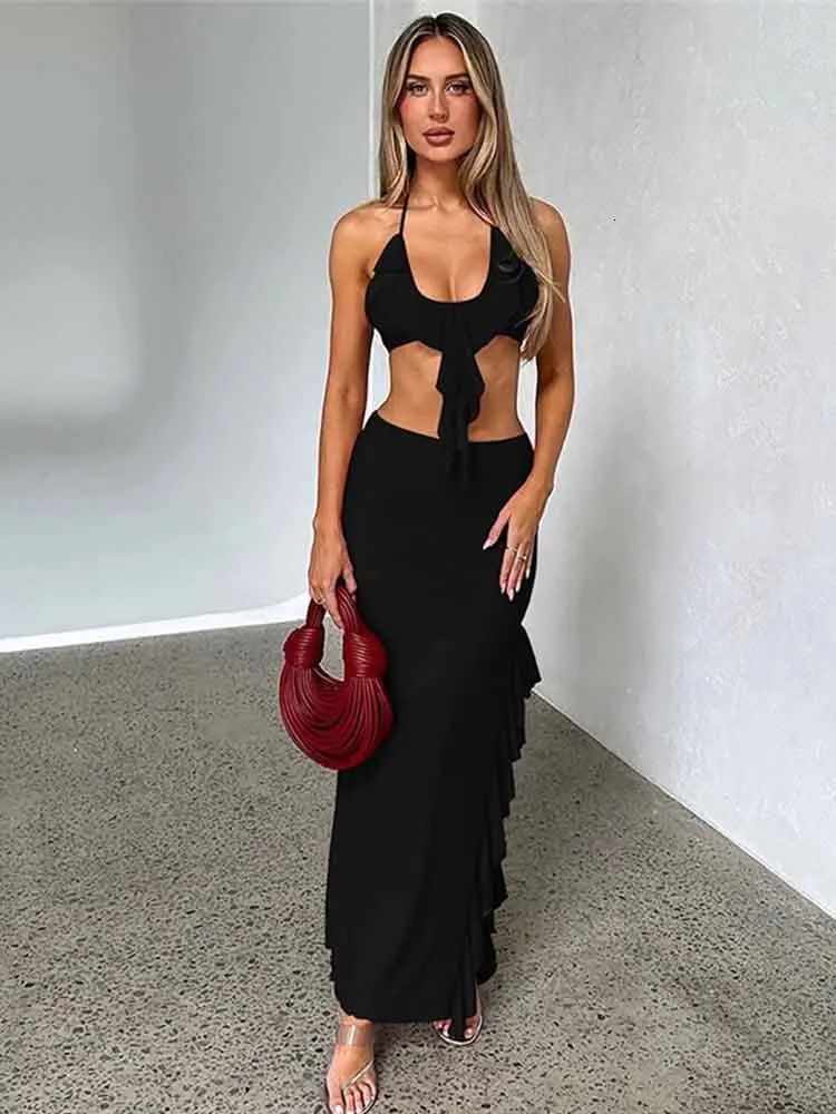 NIDANSSI Red Ruffle Backless Sexy Two Piece Set Hollow Out Top Long Skirt Women Elegant Evening Party 2 240430