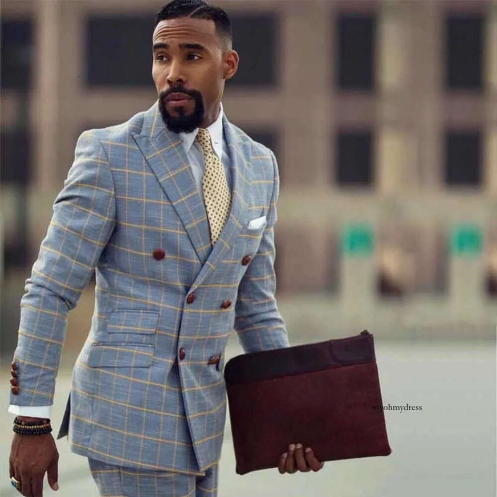 Glen Plaid 2-Piece Men's Wedding Suit Set, Double-Breasted Formal Tuxedo With Boutique Blazer And Pants
