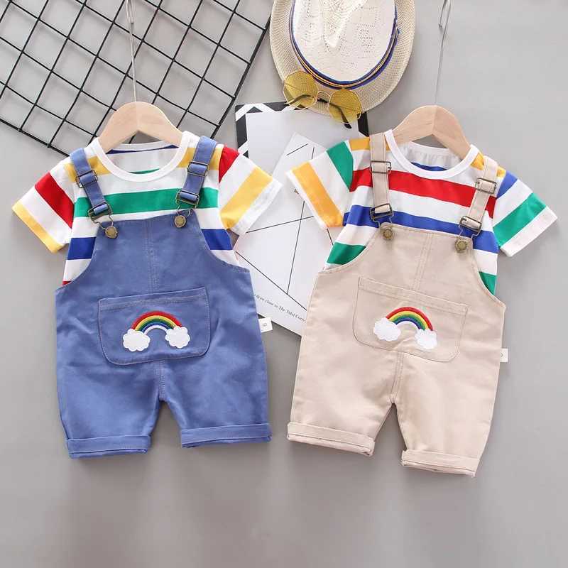 Clothing Sets 2PCS childrens summer clothing set fashionable rainbow striped T-shirt+full set of pants cotton childrens short sleeved set boys and gir