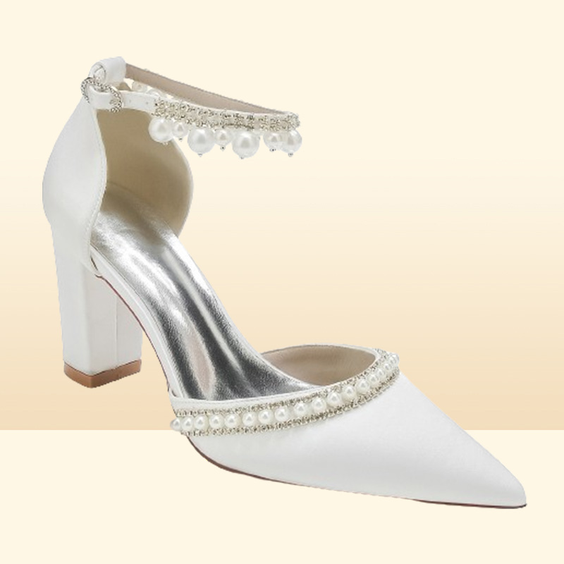 White Silk Satin Wedding Shoes Pointed Toe Elegant Pearls Sparkle Crystals Beaded Women Pumps Chunky High Heel Bridal Shoes CL0333