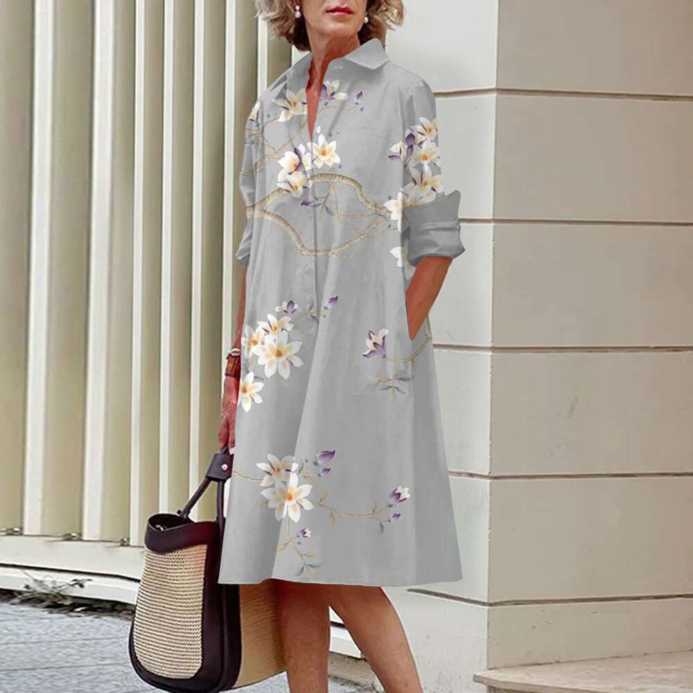 Autumn Winter New Hot Selling Womens Long Sleeved Polo Neck Shirt 3D Digital Flower Print Temperament Dress
