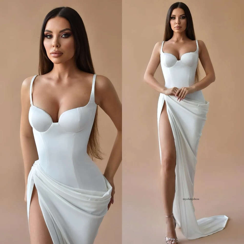 Glamourous Satin Sheath Dresses Spaghetti Wedding Dress Sweep Train Split Robe De Mariee Bridal Gowns 0516