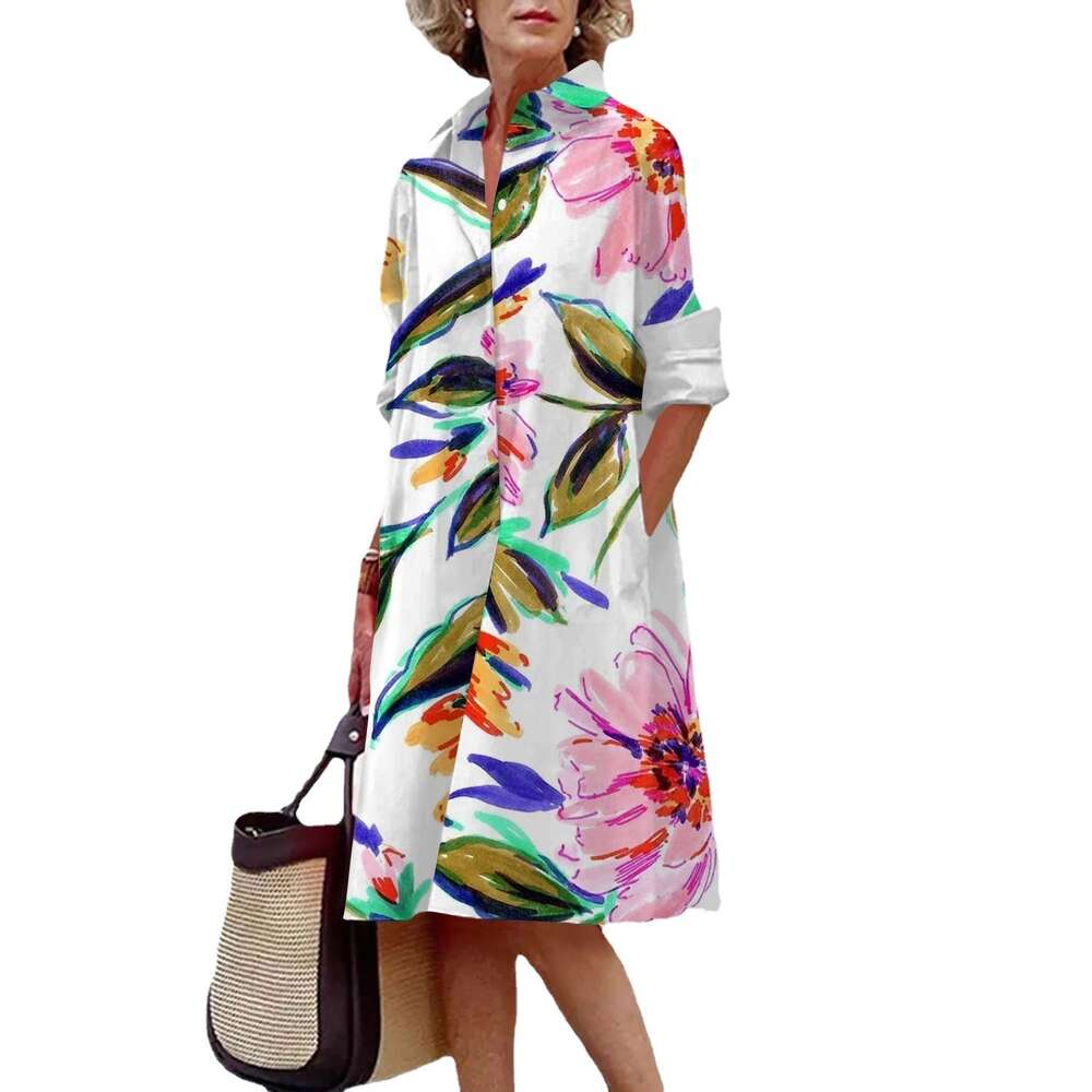 Autumn Winter New Hot Selling Womens Long Sleeved Polo Neck Shirt 3D Digital Flower Print Temperament Dress