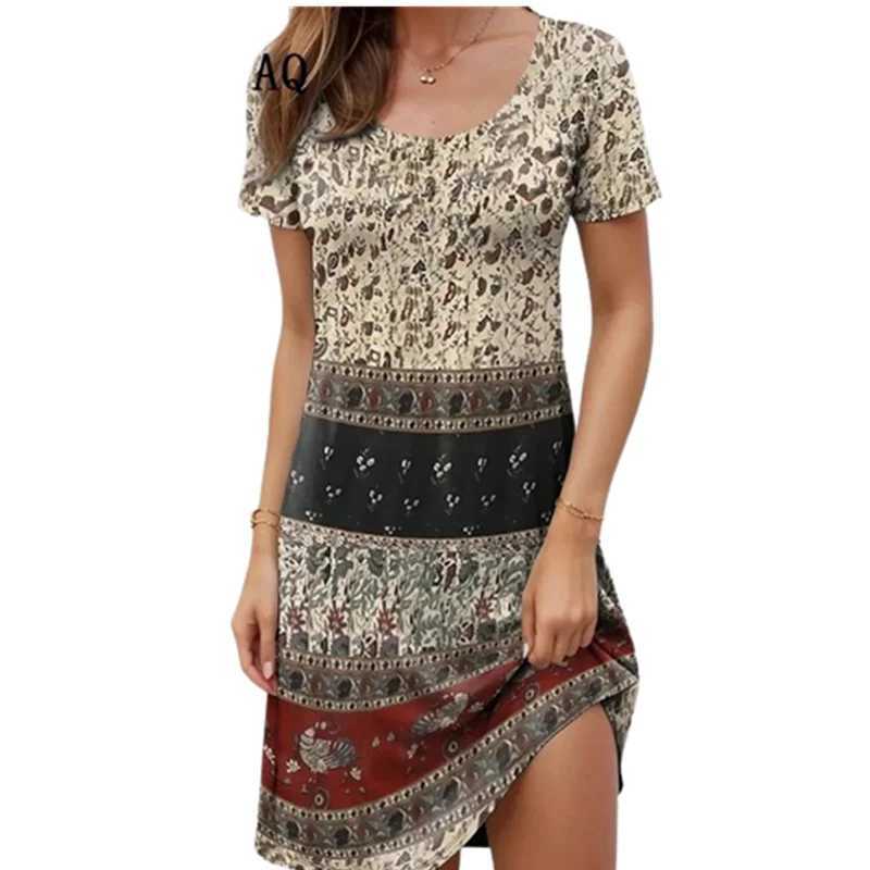 Basic Casual Dresses Ethnic Style Women Vintage Flower Print Dress Summer Pullover Short Slve Ladies Loose Plus Size Dress Casual Retro Dress 2024 Y24