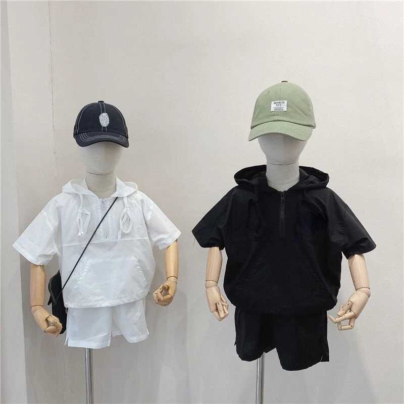 Clothing Sets Boys Summer Set 2023 New Short sleeved Korean Childrens Baby Comfortable Hooded Two piece Fashion Toddler Boys Clothing WX