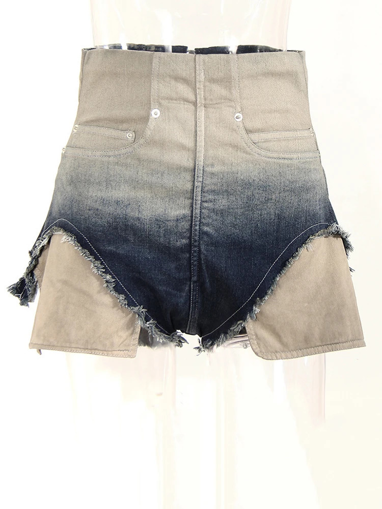 DEAT Womens Denim Shorts Patchwork Pocket High Waist Gradient Burr Edge Back Zipper Short Jeans 2024 Summer Fashion 17A6662 240515