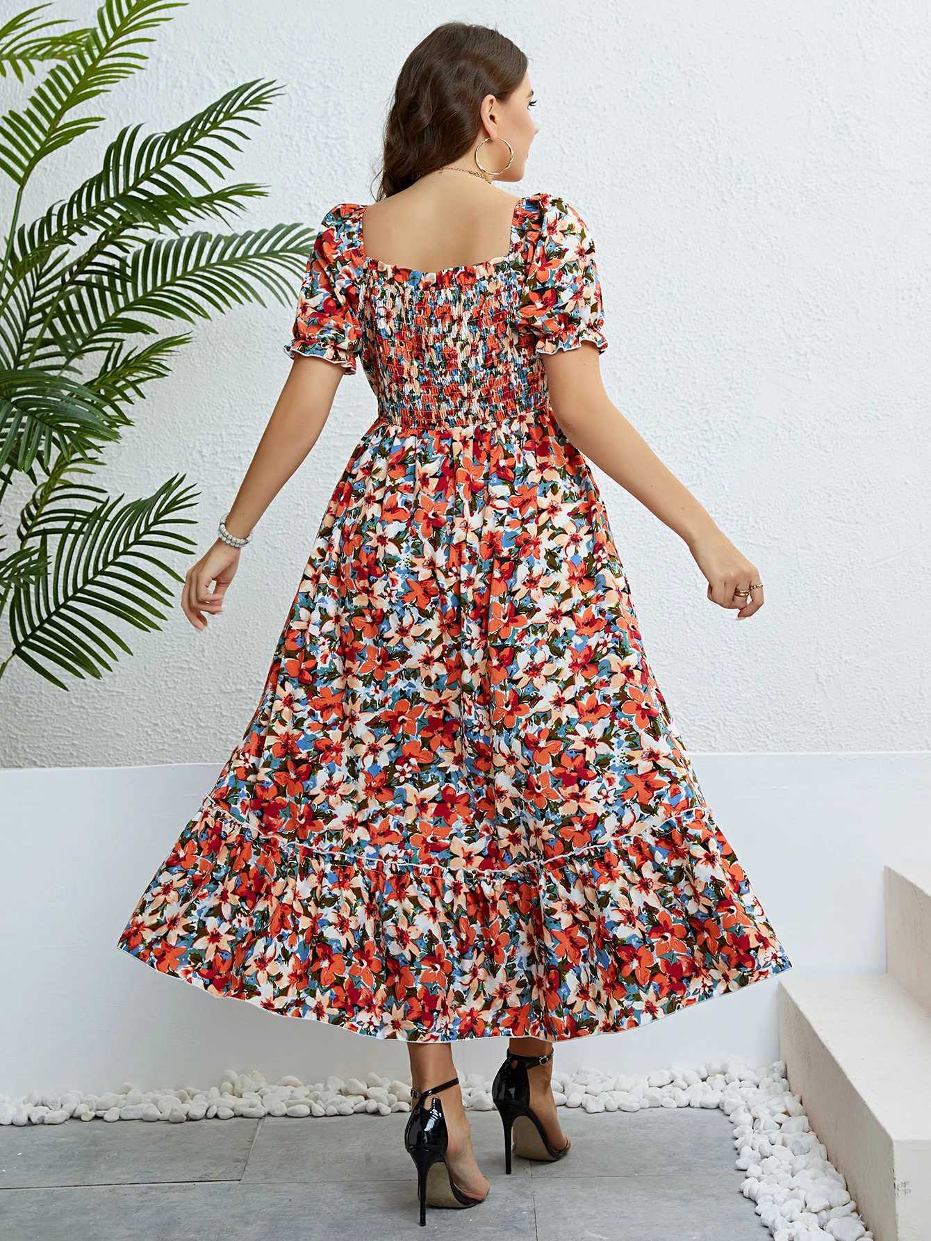 Basic Casual Dresses Plus Size Women Clothing Puff Slve Floral Maxi Dress Square Collar a Line Cotton Robe Summer 2024 Boho Midi Elegant Dresses Y2405