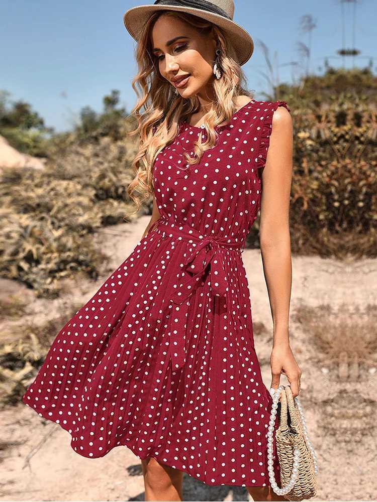 Basic Casual Dresses Summer Polka Dot Dress Women Sexy Bandage A-line Midi Beach Sundress Button Casual Blue Short Slve Pleated Party Dresses 2023 Y24
