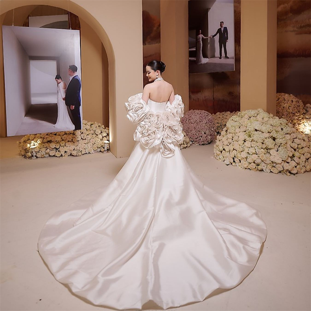 Sweetheart Romantic Strapless 3D Floral Wedding Dresses For Bride White Mermaid Women Bridal Gown With Cape