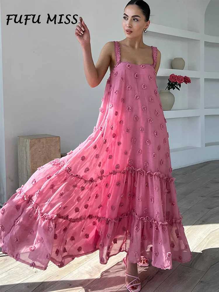 Basic Casual Dresses Elegant Loose Sling Long Dress Women Floral Ruffles Slveless Beach Dresses 2024 Spring Summer 3d Print Party Evening Lady Robe Y2