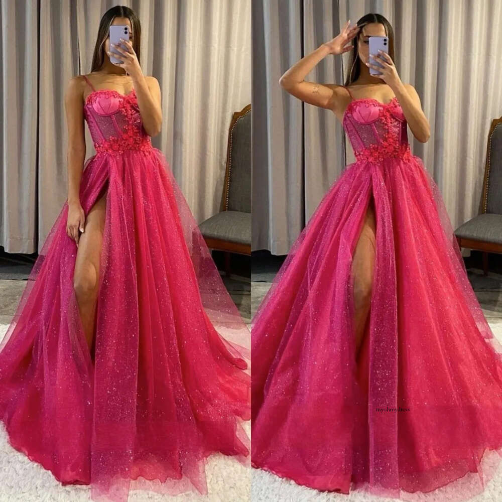 Sexy Rosy Pink Prom Dresses Spaghetti Bone Bodice Glitter Party Evening Gowns Split Formal Long Special Ocn Dress 0516