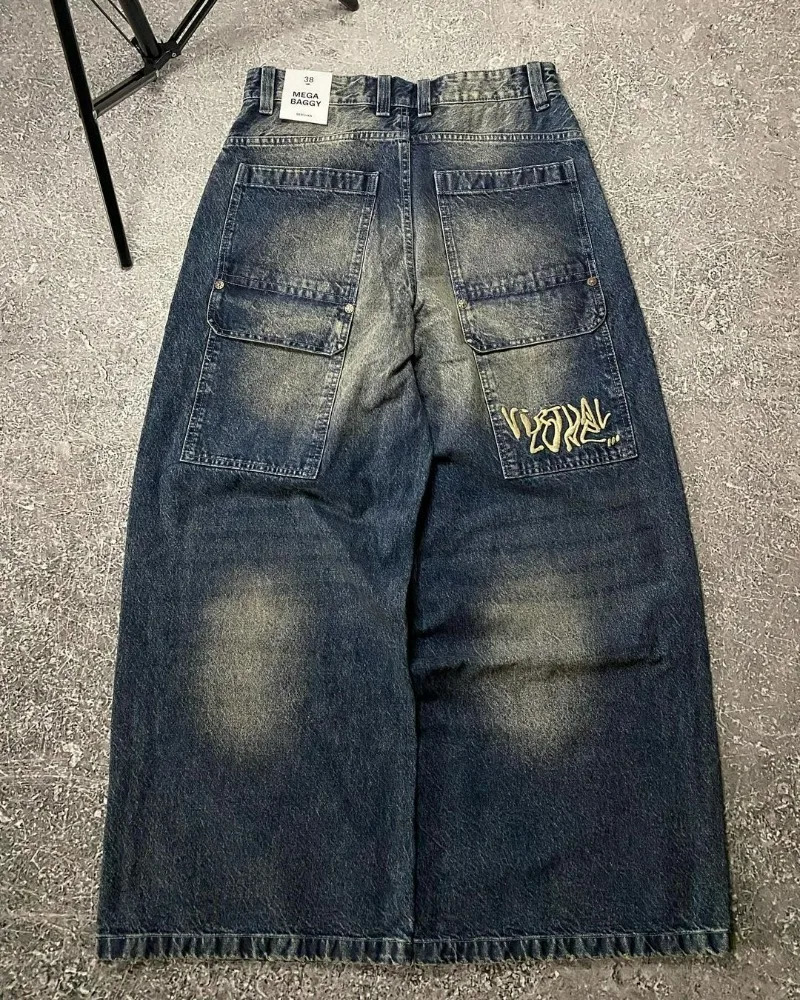 Y2k Trendy High Street Large Pocket Straight Trousers Men American Print Oversized Jeans Harajuku Casual Wide Leg Pants Women 240511