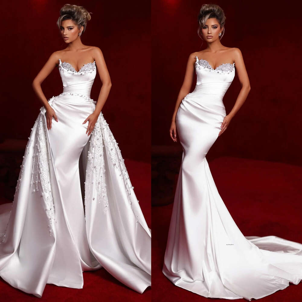 Stunning Mermaid Chart Wedding Dress With Detachable Pearls Sweetheart Wedding Dresses Bridal Gowns Ruffle Sweep Train Robe De Mariage 0516