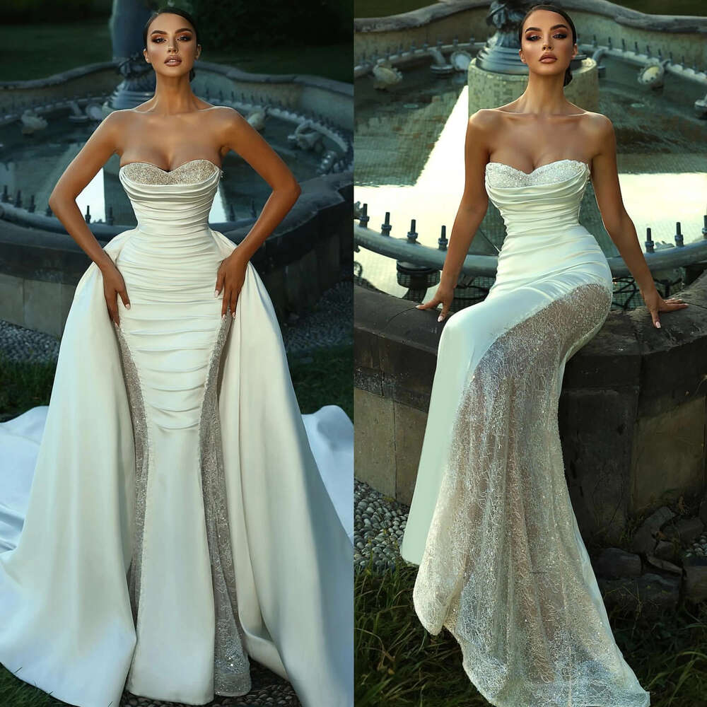 Vintage Mermaid Chart Wedding Dress With Detachable Sequins Sweetheart Wedding Dresses Bridal Gowns Side Lace Pleats Sweep Train Robe De Mariage 0516