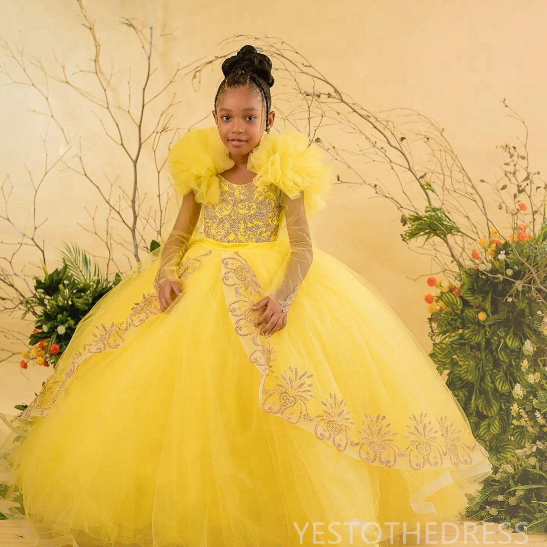 2024 Yellow Flower Girl Dresses Girls Birthday Party Dress Long Cap Sleeves Tiered Tulle Lace Queen Princess Gowns for African Black Little Girls F119