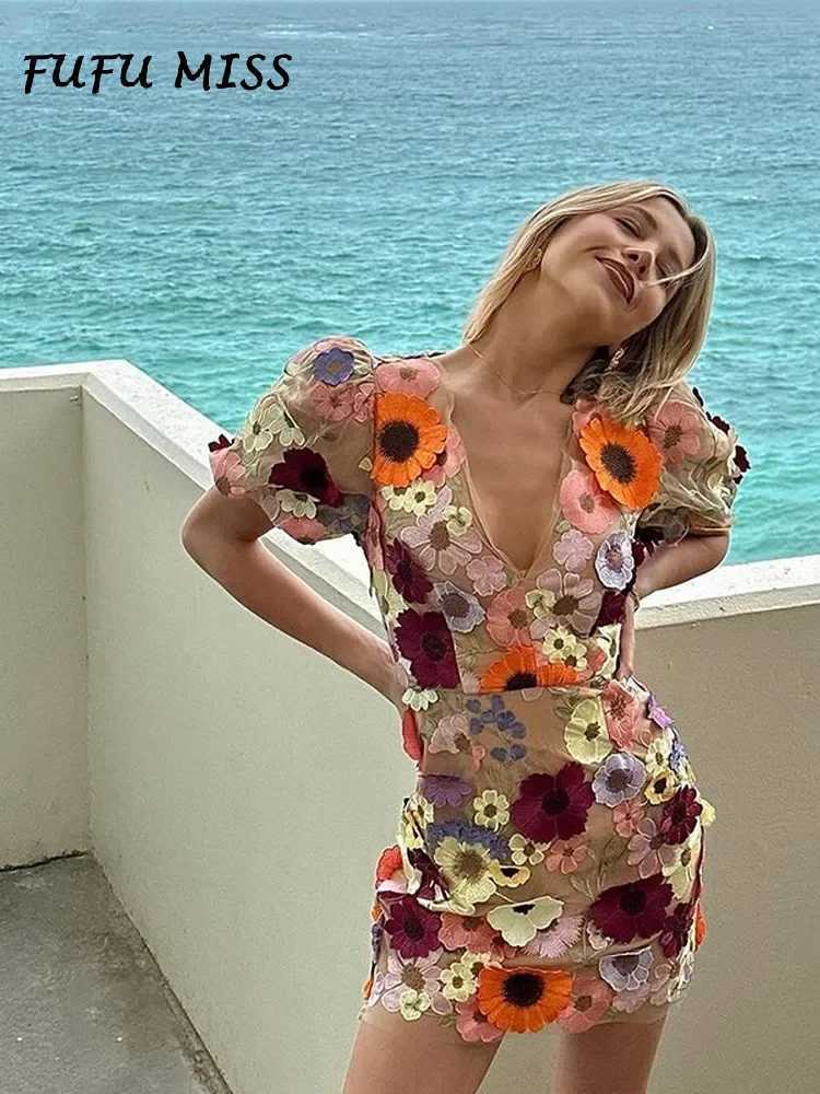 Basic Casual Dresses 3d Floral Appliques Dress Women Sexy V-neck Short Slve Hip Wrap Dresses Female 2024 Spring Summer Fashion Elegant Lady Vestido Y2