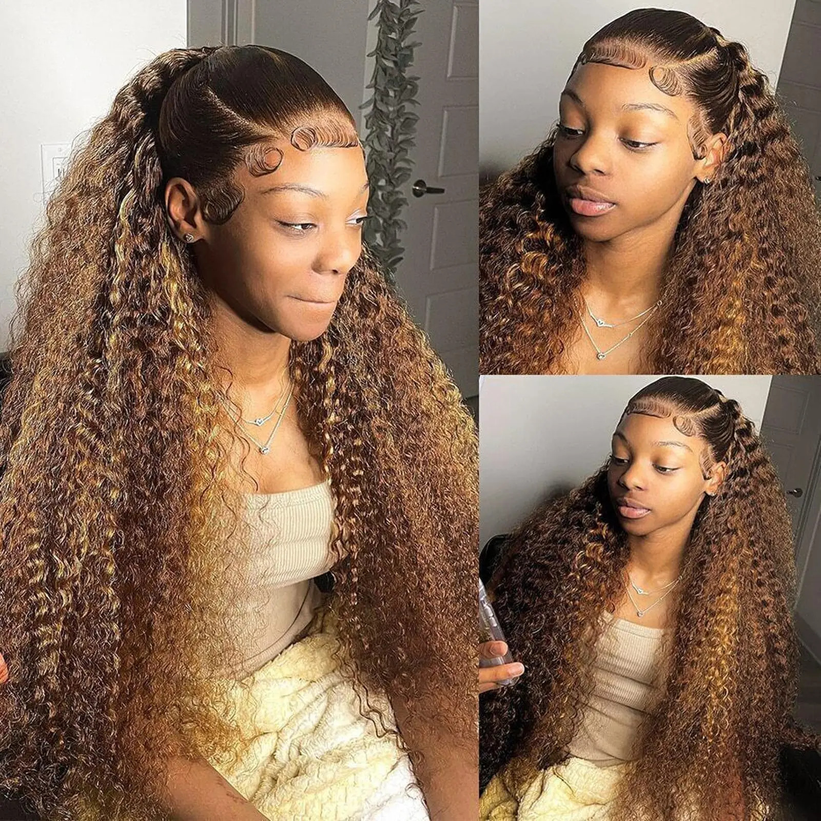 13x4 Glueless Highlight Lace Frontal Wig Deep Curly Human Hair Wigs Colored Transparent Water Wave Honey Blonde Lace Front Wig