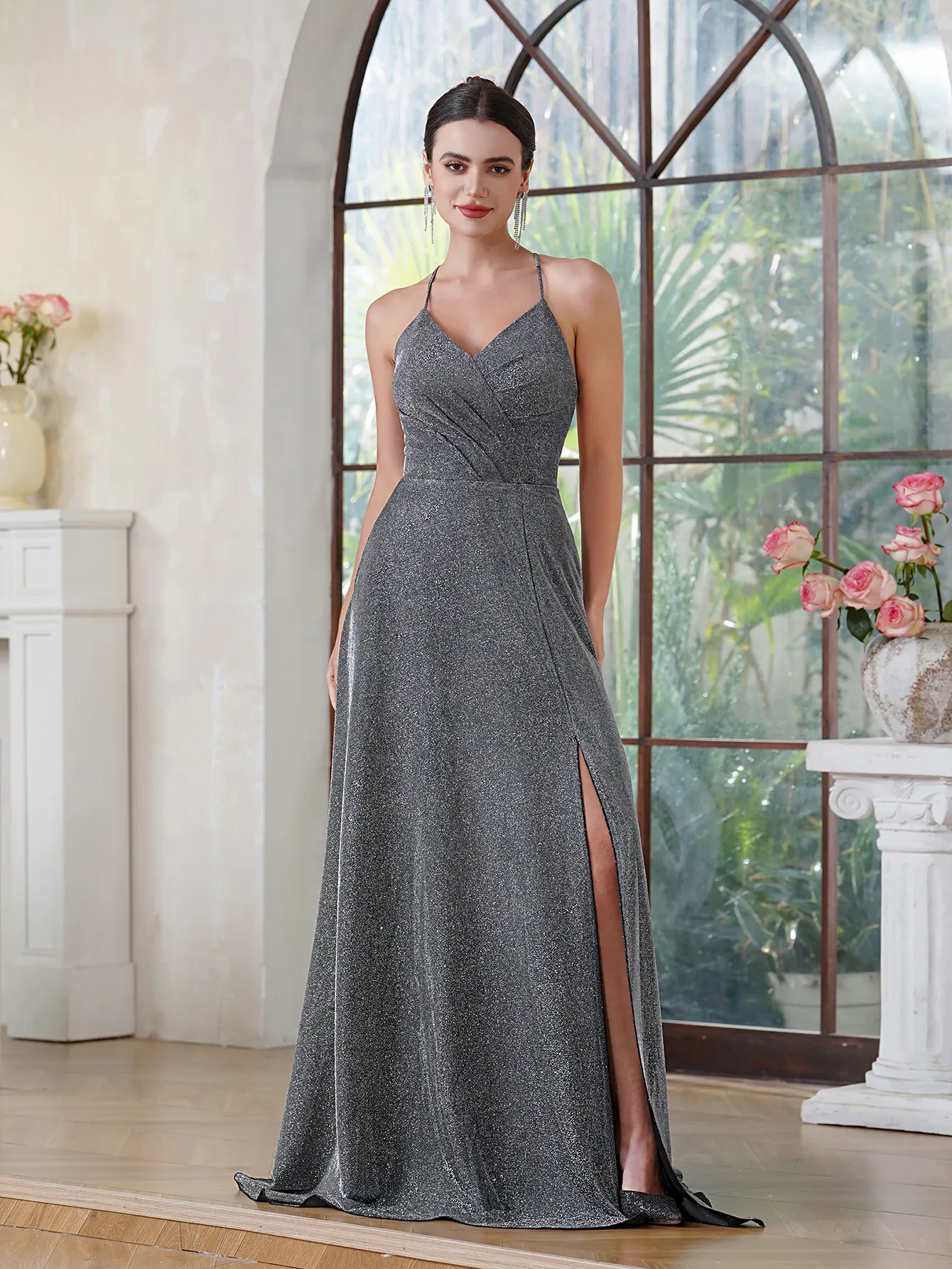 Sparkle Grey Mermaid Bridesmaid Dresses Elegant Sleeveless Pleats Front Split Maid Of Honor Gowns Satin Evening Prom Dress Bm3218 0618