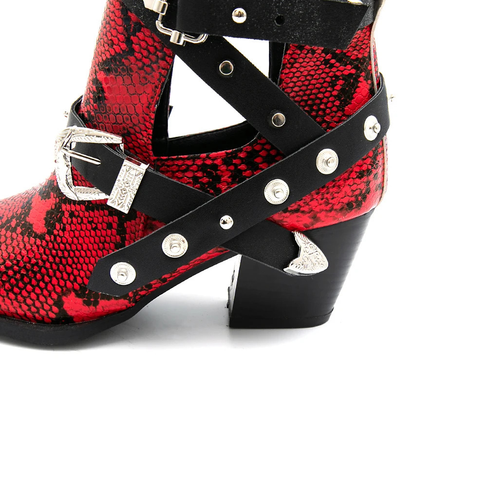 Motorcycle Western Cowboy Boots Women Snake PU Leather Short Cossac High Heels Pointed Cowgirl Booties Buckle Womens Shoes 240515 4 - view 5