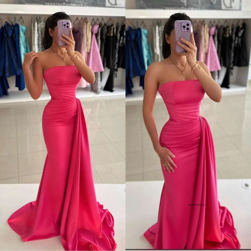 Rosy Pink Mermaid Prom Dress Strapless Evening Elegant Sleeveless Pleats Waist Decor Backless Formal Dresses For Special Ocns 0516