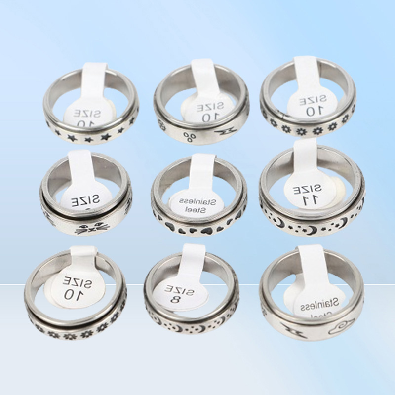 Fashion Rotatable Spinner Stainless Steel Rings Moon Sun Cat Star Flower Heart Cloud Jewelry For Women Men Mix Style Party Gifts W