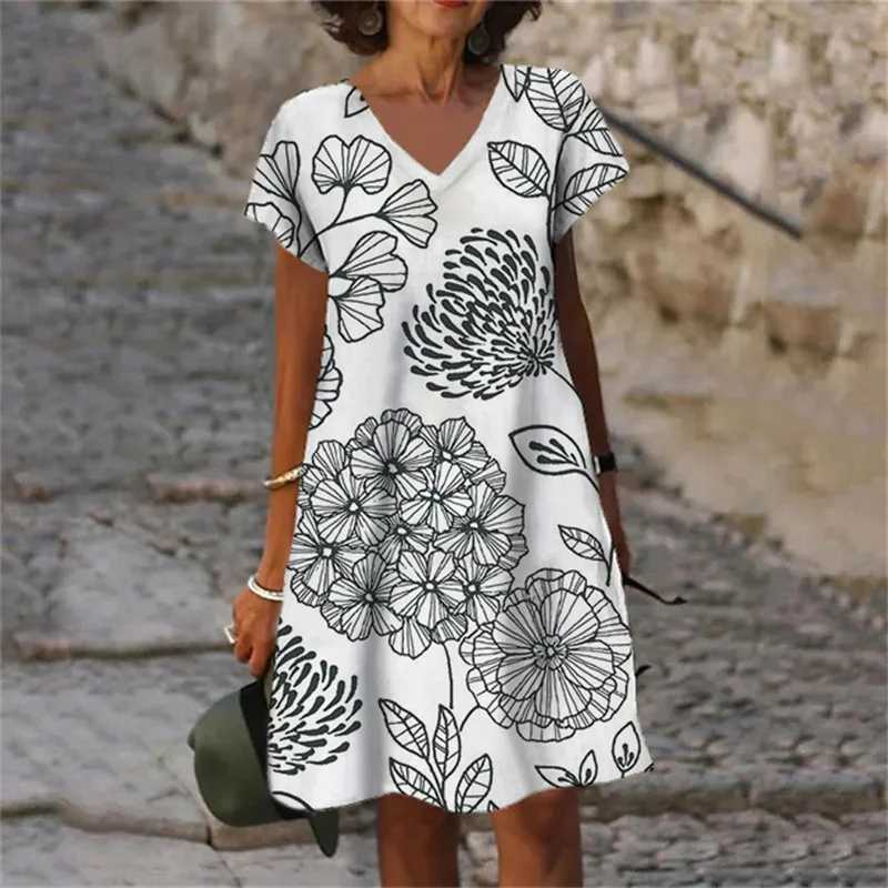 Basic Casual Dresses Women Plant Flowers 3D Print Dress 2023 Summer Oversized Clothing Casual Short Slve V-Neck Loose Dress Vestido Female Sundress Y2