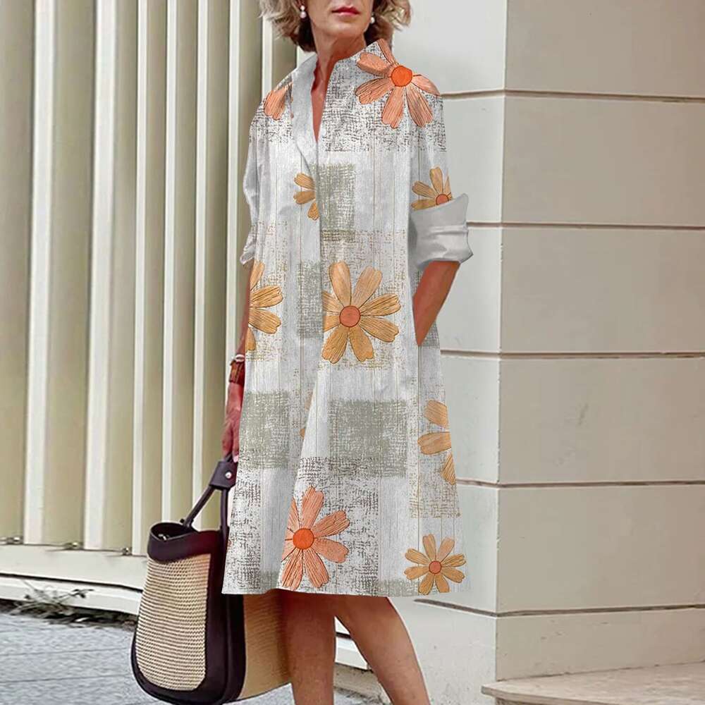 Autumn Winter New Hot Selling Womens Long Sleeved Polo Neck Shirt 3D Digital Flower Print Temperament Dress