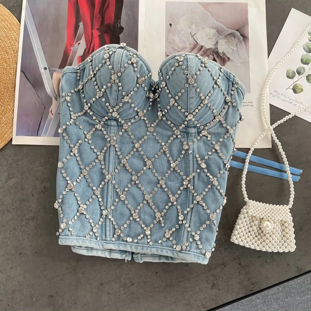 Women Denim Tube Top Corset Crop Diamond Beaded Strapless Vest Lace Up Zipper Bustier Bra Night Club Party Tank Female 240516