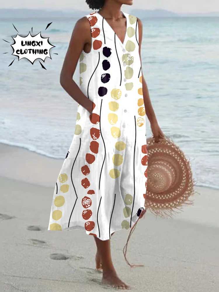 Basic Casual Dresses 2024 Summer Elegant Fashion V-Neck Loose Print Beach Resort Robe Party Style Dress Large Womens Long Dress White Dress Women Y240