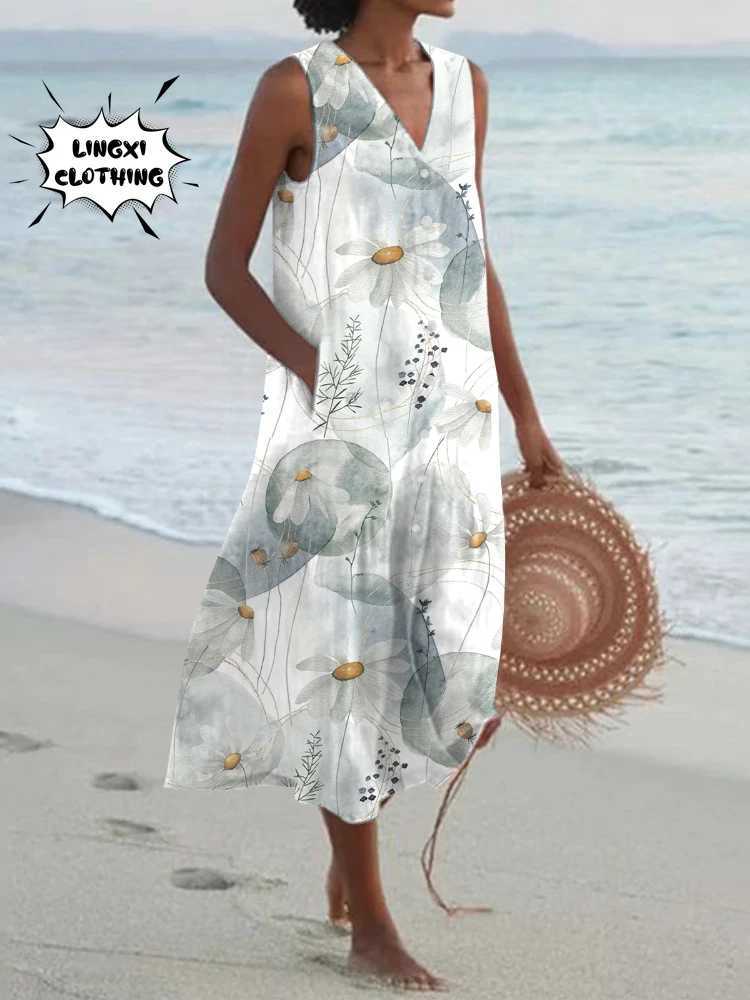 Basic Casual Dresses 2024 Summer Elegant Fashion V-Neck Loose Print Beach Resort Robe Party Style Dress Large Womens Long Dress White Dress Women Y240