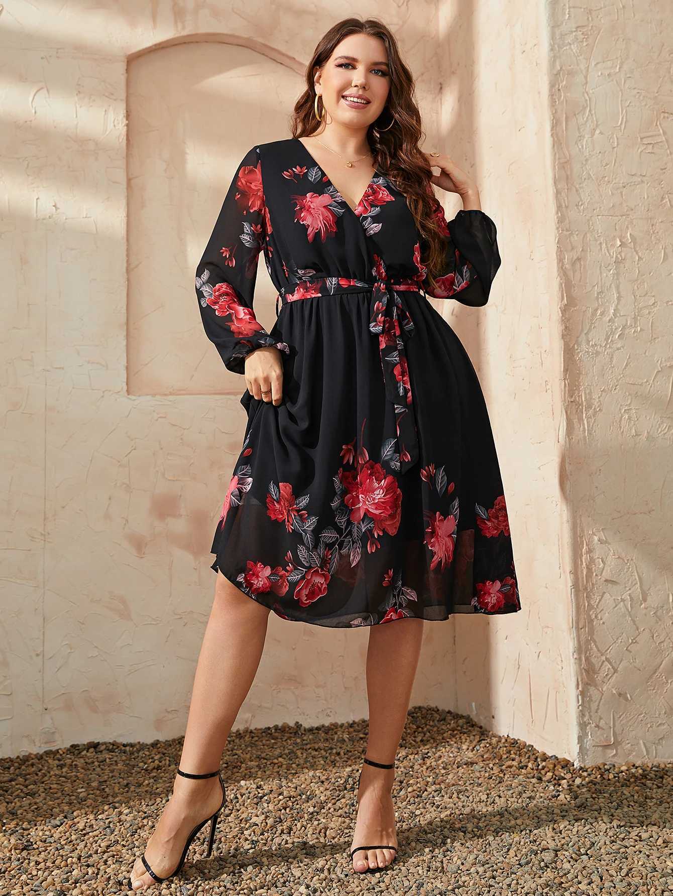 Basic Casual Dresses Chic Plus Size Floral Print V Neck Midi Belted Dress Women Casual Clothing Black Long Slve Party Elegant Vintage Dresses Y240515