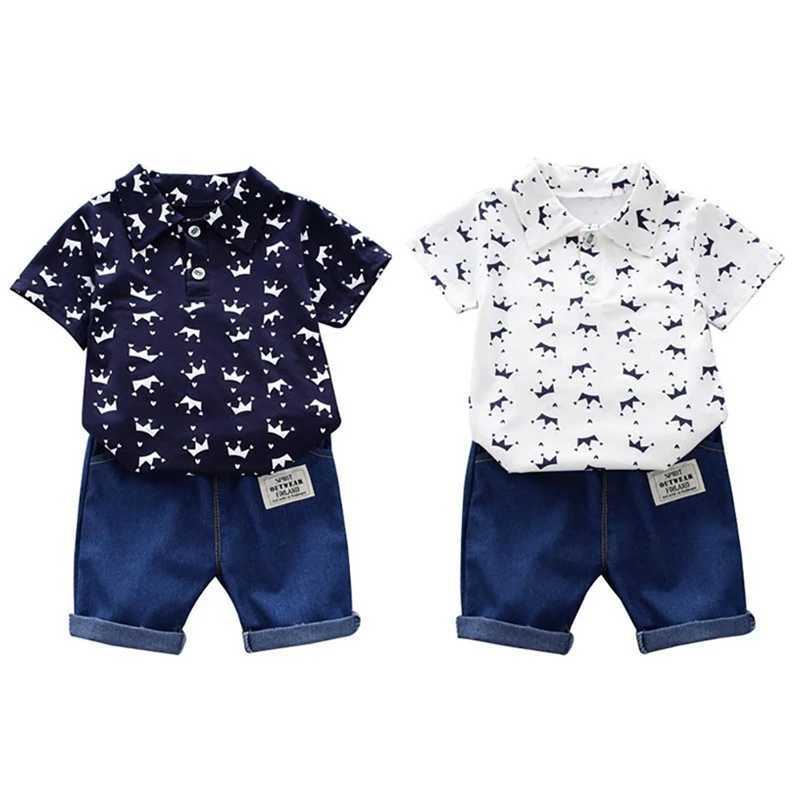 Clothing Sets 2PCS Childrens Clothing Boys 1-4Y Crown Printed Shirt+Jeans Short Summer Cotton Soft Childrens Set Preschool Leisure Outdoor Fashion Set