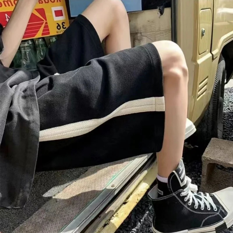 Short Summer Loose Wide Leg Kneelength Shorts High Waist Color Matching Casual Elastic Sports 5 Point 240513