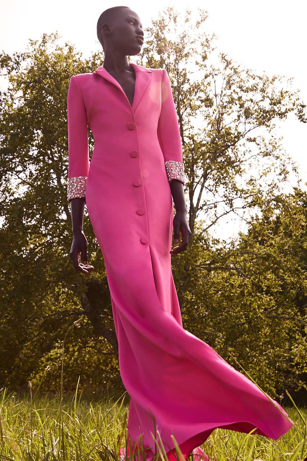 Hot Pink Women Long Jacket Crystal Beading Custom Made Slim Fit Long Sleeve Mother Of Bride Blazer Graduation Ceremony Attire Wear