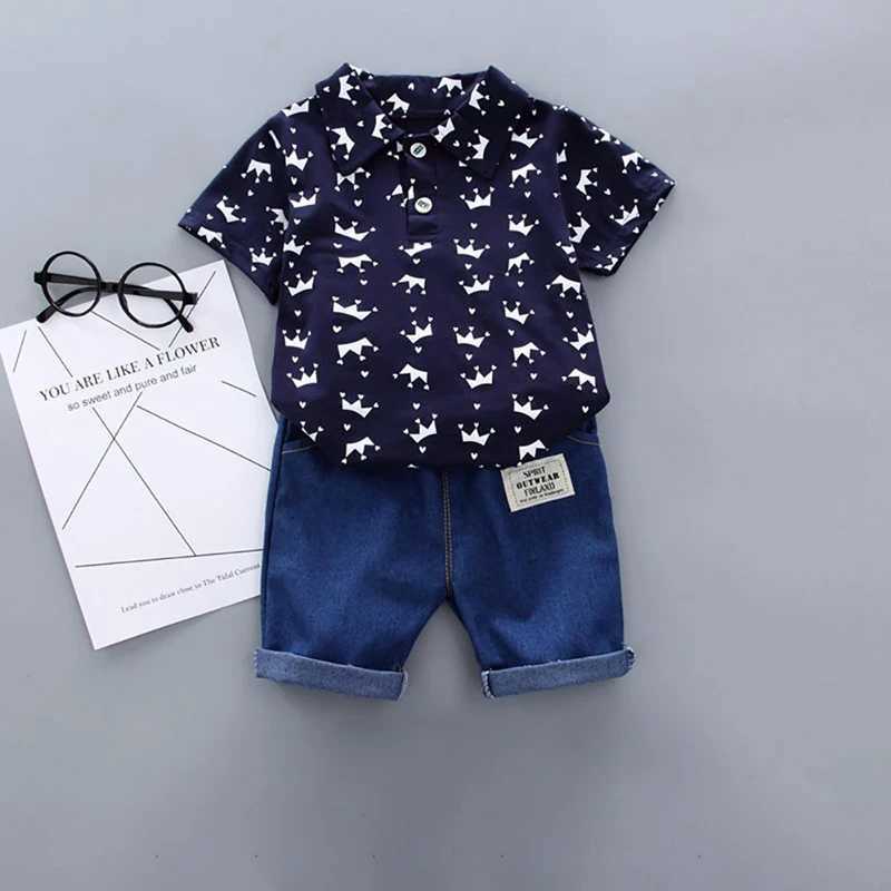Clothing Sets 2PCS Childrens Clothing Boys 1-4Y Crown Printed Shirt+Jeans Short Summer Cotton Soft Childrens Set Preschool Leisure Outdoor Fashion Set