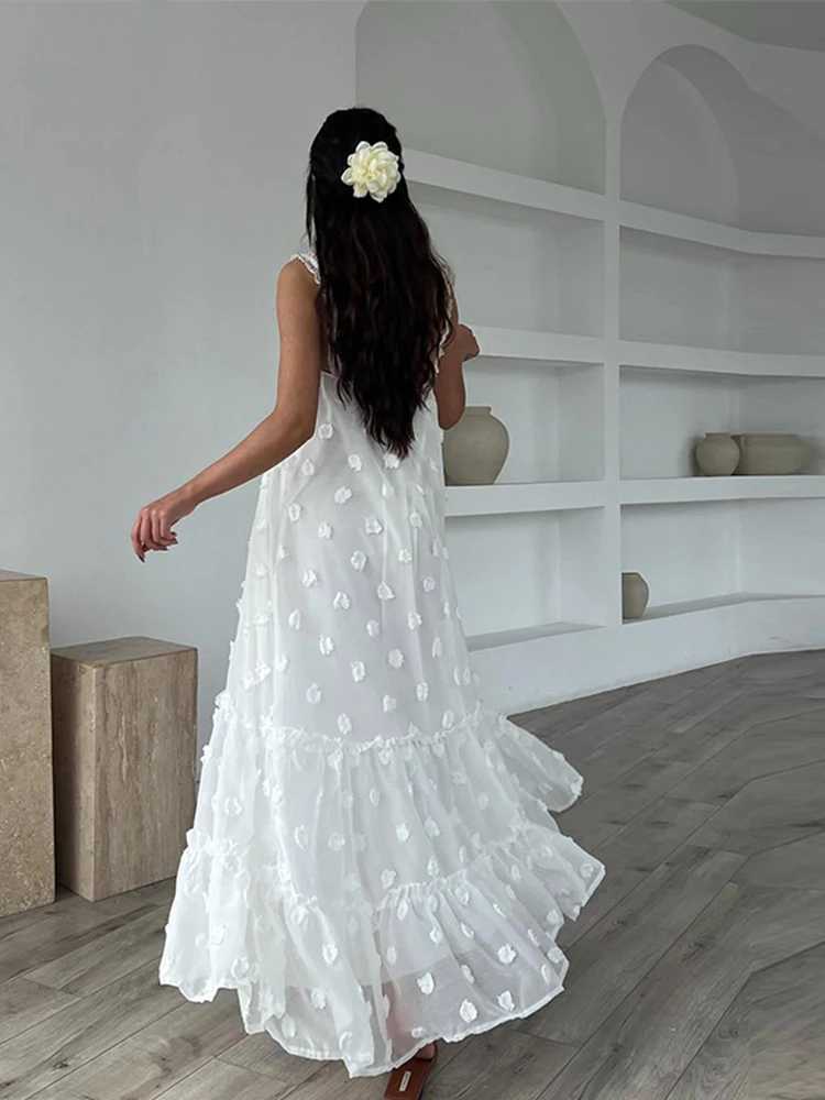 Basic Casual Dresses Elegant Loose Sling Long Dress Women Floral Ruffles Slveless Beach Dresses 2024 Spring Summer 3d Print Party Evening Lady Robe Y2
