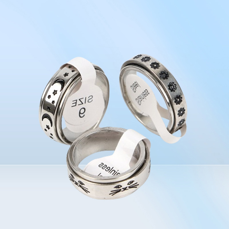 Fashion Rotatable Spinner Stainless Steel Rings Moon Sun Cat Star Flower Heart Cloud Jewelry For Women Men Mix Style Party Gifts W