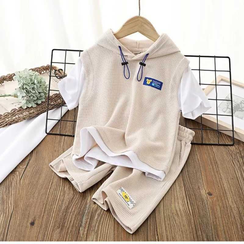 Clothing Sets Summer boys clothing set hooded T-shirt and shorts set childrens waffle patch work clothes top bottom 2-piece set track and field clothi