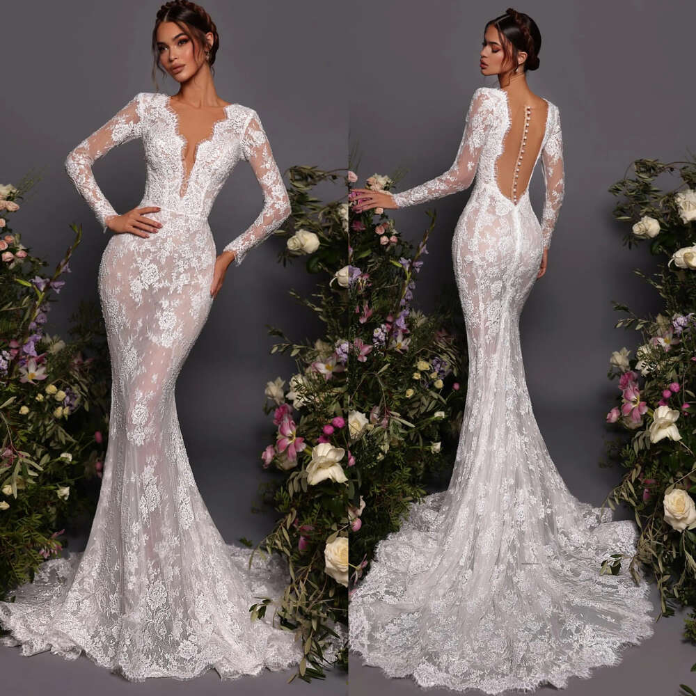 Fabulous Lace Mermaid Wedding Dress For Bride V Neck Long Sleeves Wedding Dresses Bridal Gowns Sheer Button Back Bridal Dress 0516