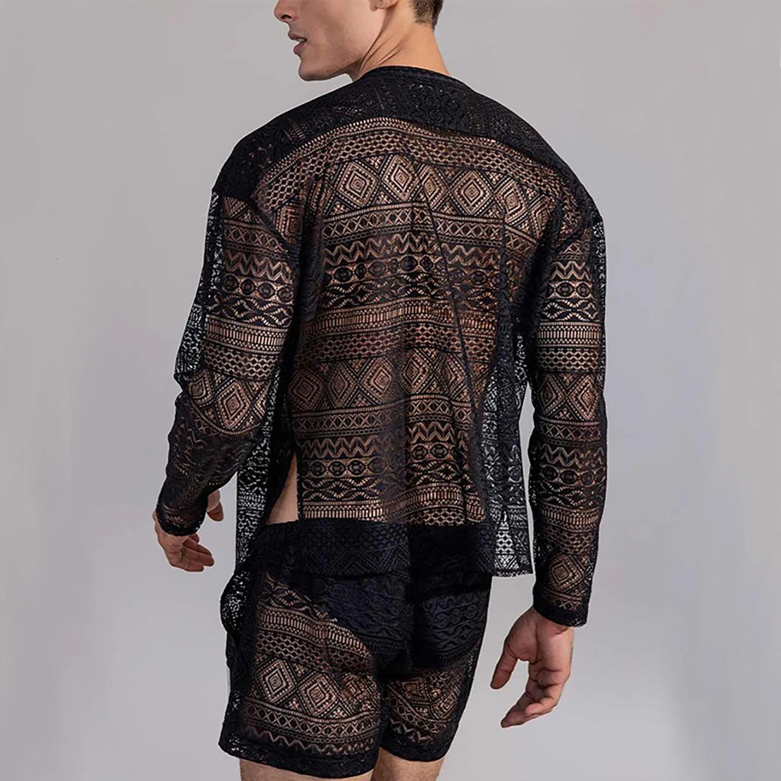 Mens Clothing Fashion Suit Men 2pcs Clothes Set Hollow Out Sexy Lace Short Sleeve Casual T Shirt Top Shorts Summer Solid Color 240506