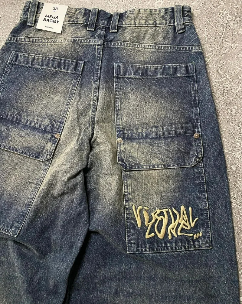 Y2k Trendy High Street Large Pocket Straight Trousers Men American Print Oversized Jeans Harajuku Casual Wide Leg Pants Women 240511
