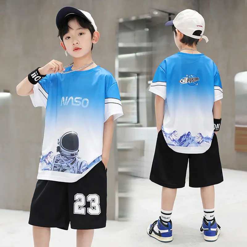 Clothing Sets Boys Summer Quick Dried Basketball Jersey Sports Short Sleeve Set 5-14 Year Old Childrens Fashion 2-piece T-shirt+Shorts Childrens Cloth