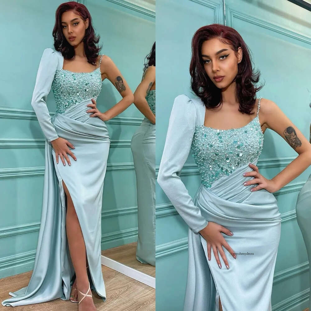Sexy Mint Green Prom Dresses Sequins One Shoulder Evening Gowns Slit Pleats Formal Red Carpet Long Special Ocn Dress 0516
