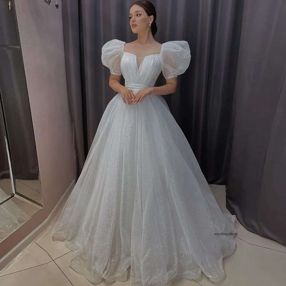 Glitter Short Puffy Sleeve A Line Wedding Dresses Pleat Boho Bridal Gown Sweetheart Sweep Train Robe De Mariee 0516