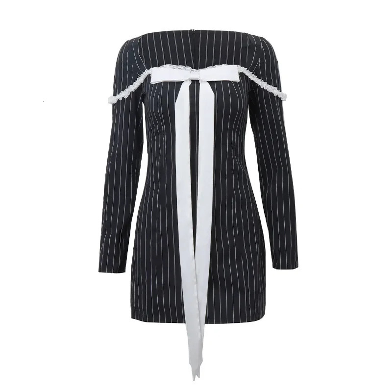 NEONBABIPINK Bow Tie Striped Long Sleeve Dress French Style Square Neck Short Dresses for Women Fall Clothes N33DC15 240513