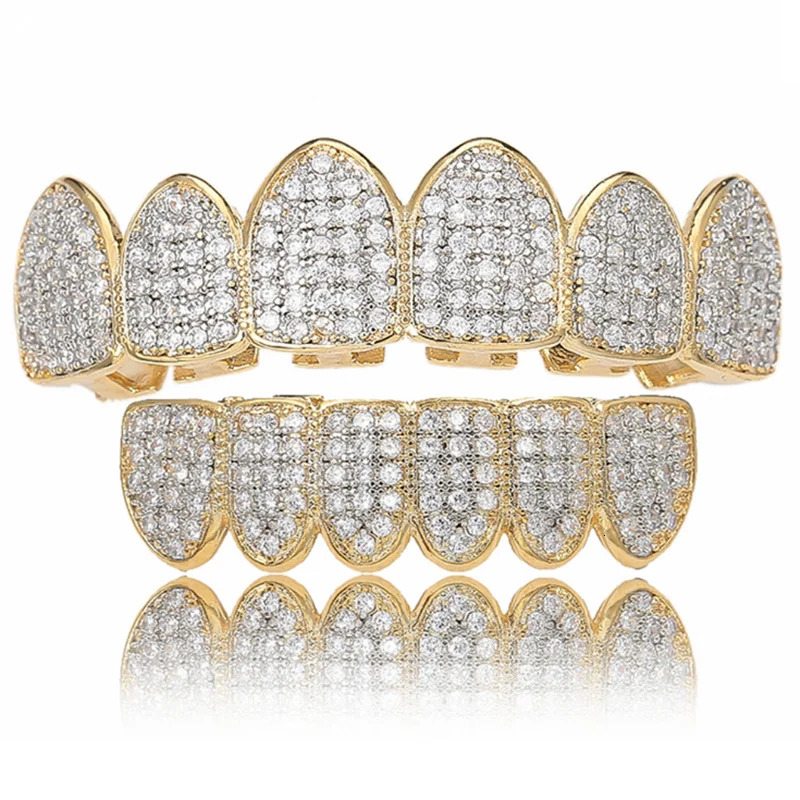 Cubic Zircon Hip Hop Fangs Teeth Top Bottom Grills Dental Mouth Punk Teeth Caps Cosplay Party Rapper Jewelry 240428