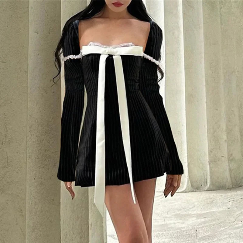NEONBABIPINK Bow Tie Striped Long Sleeve Dress French Style Square Neck Short Dresses for Women Fall Clothes N33DC15 240513