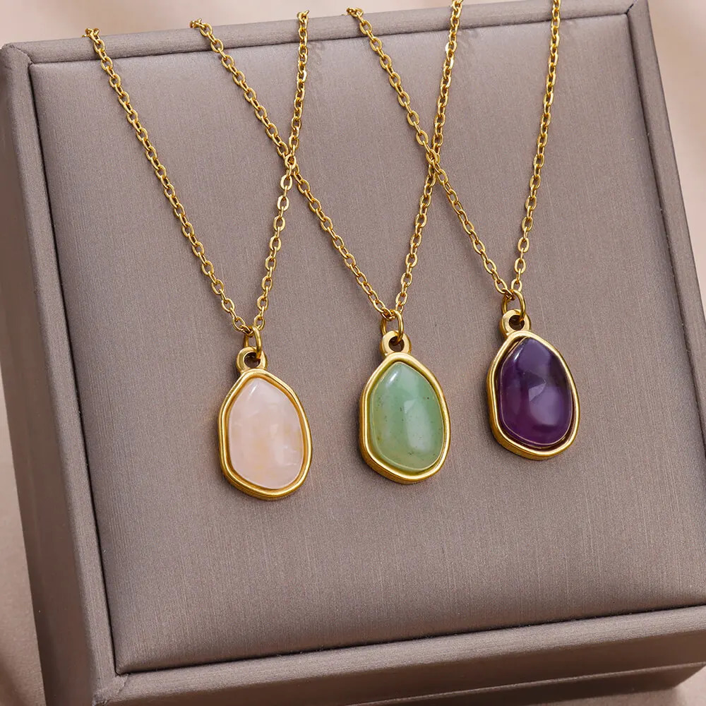 Fashion Oval Opal Pendant Necklace Stainless Steel Chain 18 K Gold Color Cute Lucky Jewelry For Women Accesorios Birthday Gift 240511