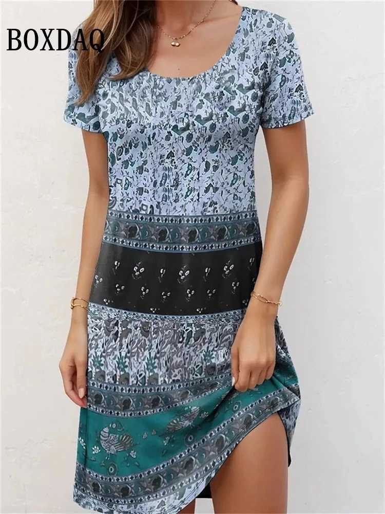 Basic Casual Dresses Ethnic Style Women Vintage Flower Print Dress Summer Pullover Short Slve Ladies Loose Plus Size Dress Casual Retro Dress 2024 Y24